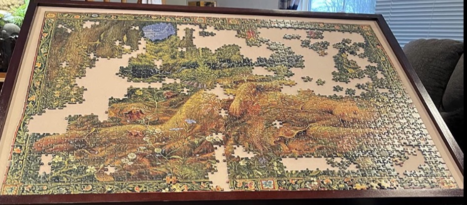 Artistic illustration of a forest floor with sleeping animals framed by an ornate decorative border.