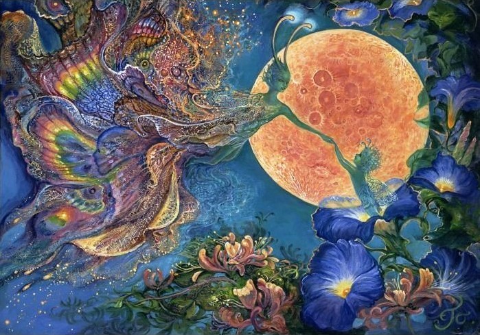 Two ethereal fae creatures touching hands against a large, golden full moon surrounded by dark blue flowers.