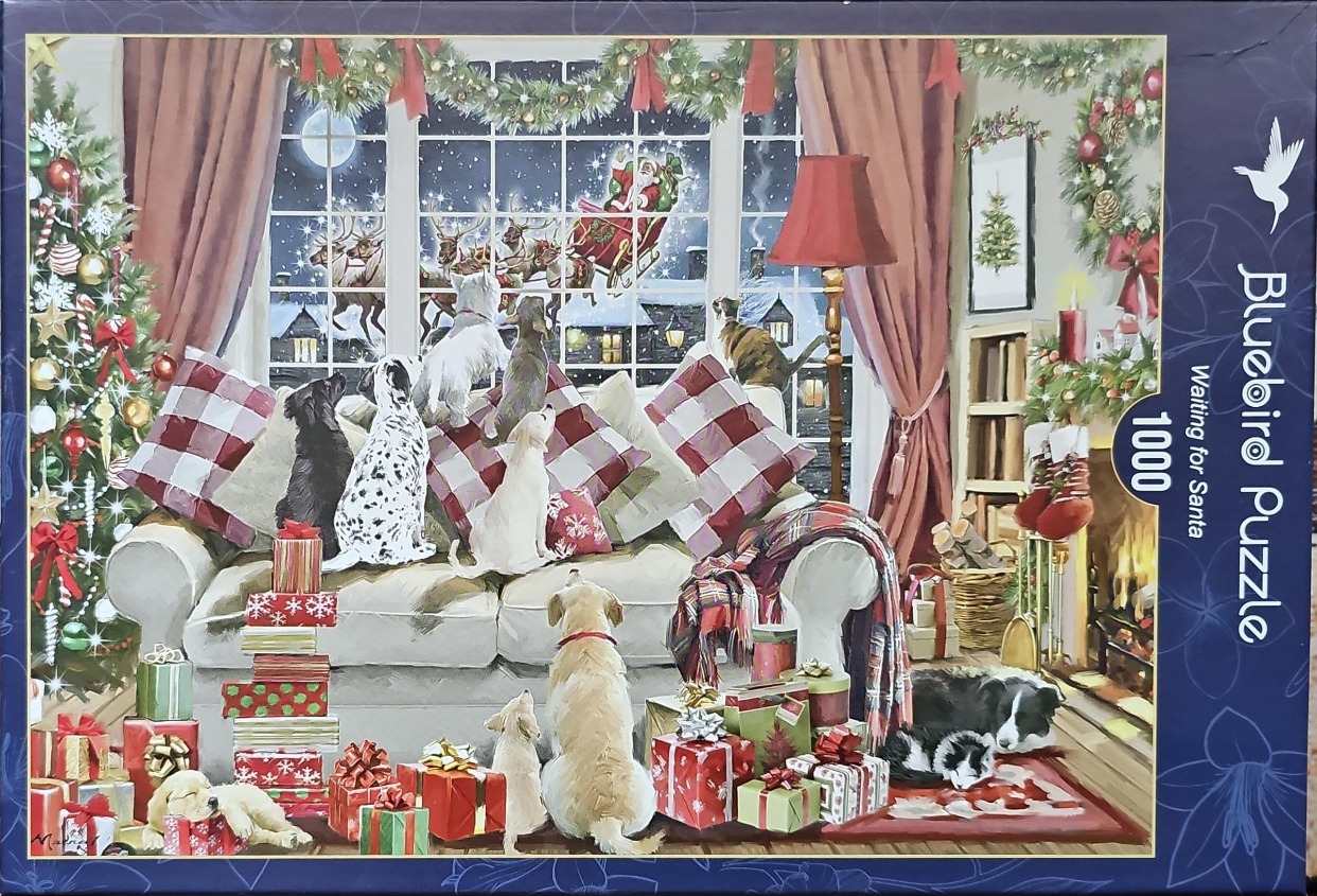 A group of dogs watching Santa Claus and his reindeer fly past a window in a cozy, decorated living room.