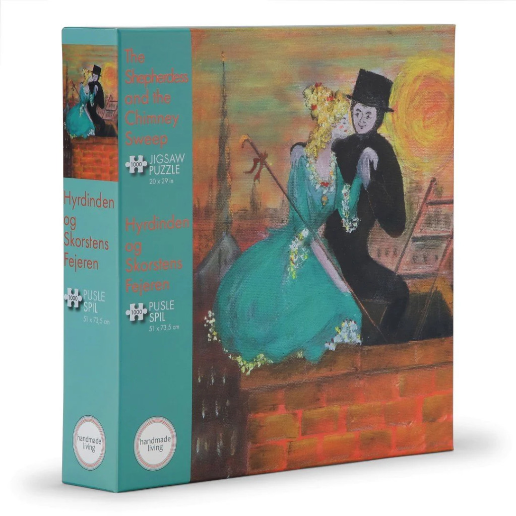 Oil-style painting of a shepherdess and a chimney sweep standing on a rooftop at sunset.