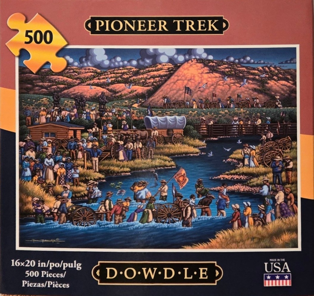 A folk-art illustration of pioneers with covered wagons crossing a river toward a hilly landscape.