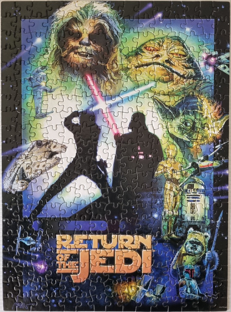 A collage illustration of Star Wars: Return of the Jedi characters set against a starry space background.