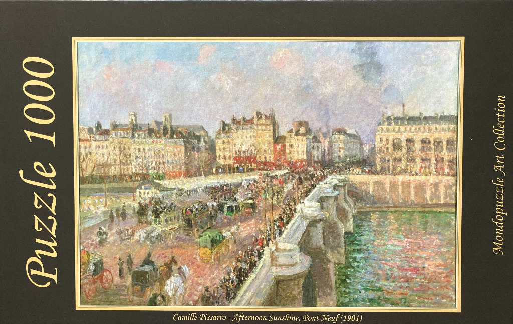 Impressionist oil painting of the Pont Neuf in Paris bustling with horse-drawn carriages and pedestrians.