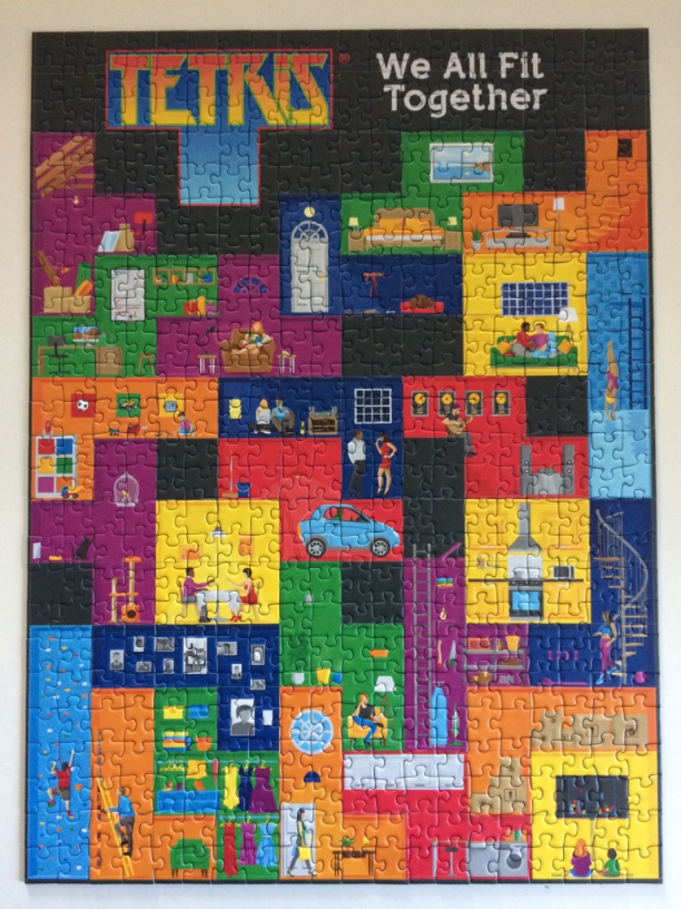 Tetris-themed illustration showing various indoor and outdoor scenes arranged like falling game blocks.