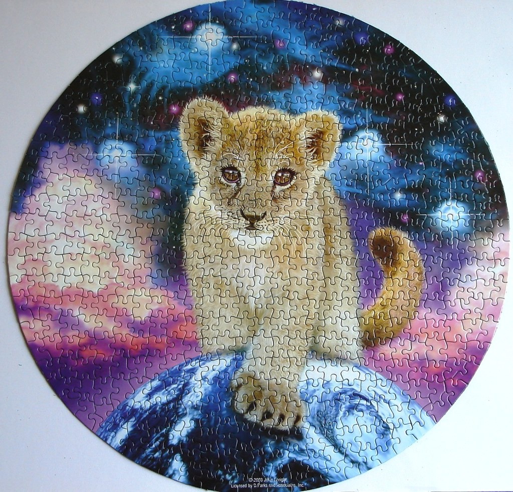 A digital illustration of a lion cub standing on planet Earth against a cosmic, starry nebula background.