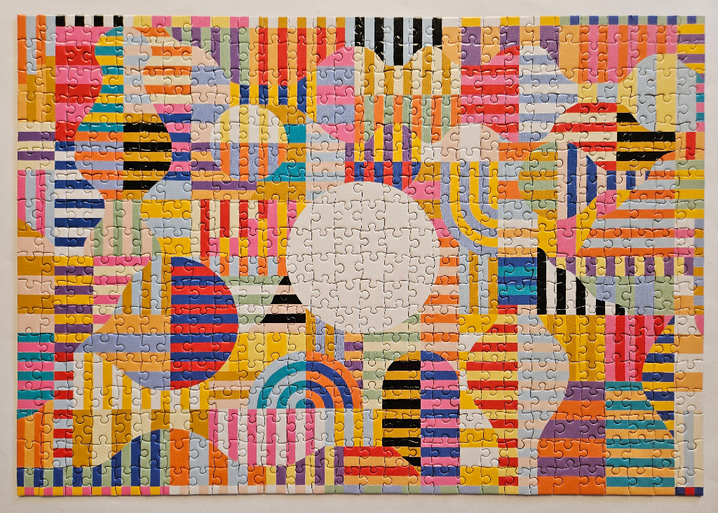 An abstract composition featuring a grid of multi-colored stripes and various overlapping geometric shapes.