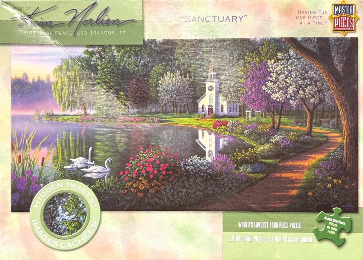 A peaceful lakeside scene featuring a white church, two swans, and a blooming garden at sunset.
