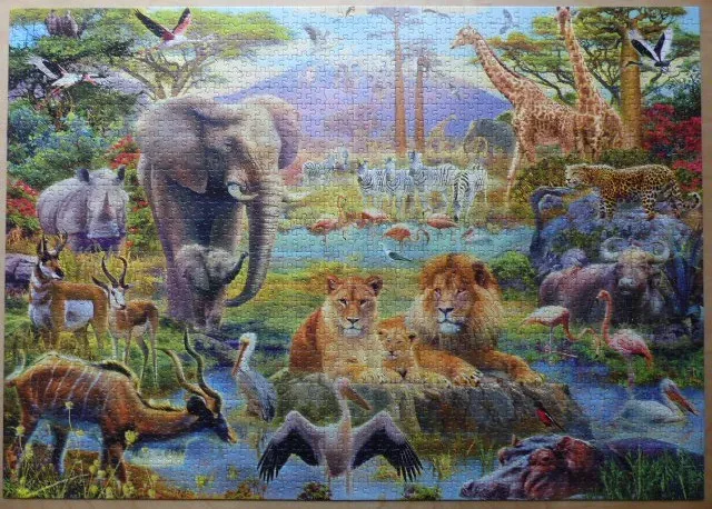 An illustration of diverse African wildlife gathered at a lush watering hole.
