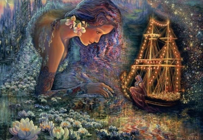 A giant celestial woman gazes at a glowing ship on a pond filled with water lilies.