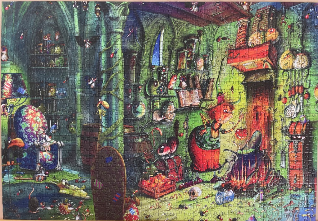 A whimsical cartoon illustration of a witch brewing a potion in her cluttered, dark, and magical stone tower room.