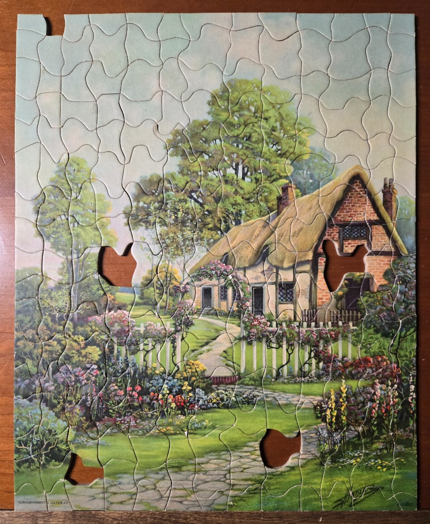 A peaceful, vintage-style illustration of a thatched-roof English cottage in a lush, blooming garden.