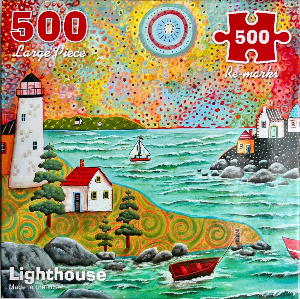 Whimsical folk art painting of a lighthouse, houses, and a sailboat on a teal sea under a colorful, patterned sky.
