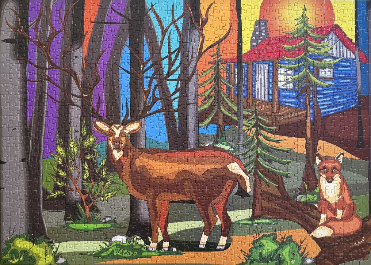 A stylized illustration of a deer and a fox in a forest near a blue cabin at sunset.