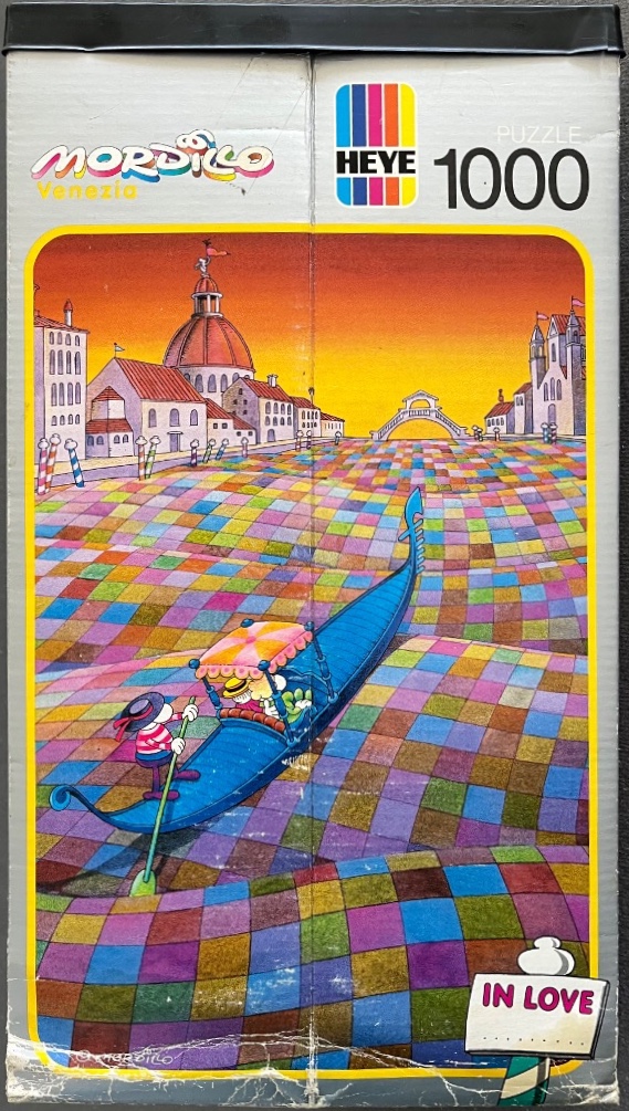 Cartoon illustration of a gondola in a surreal, checkered Venice at sunset.