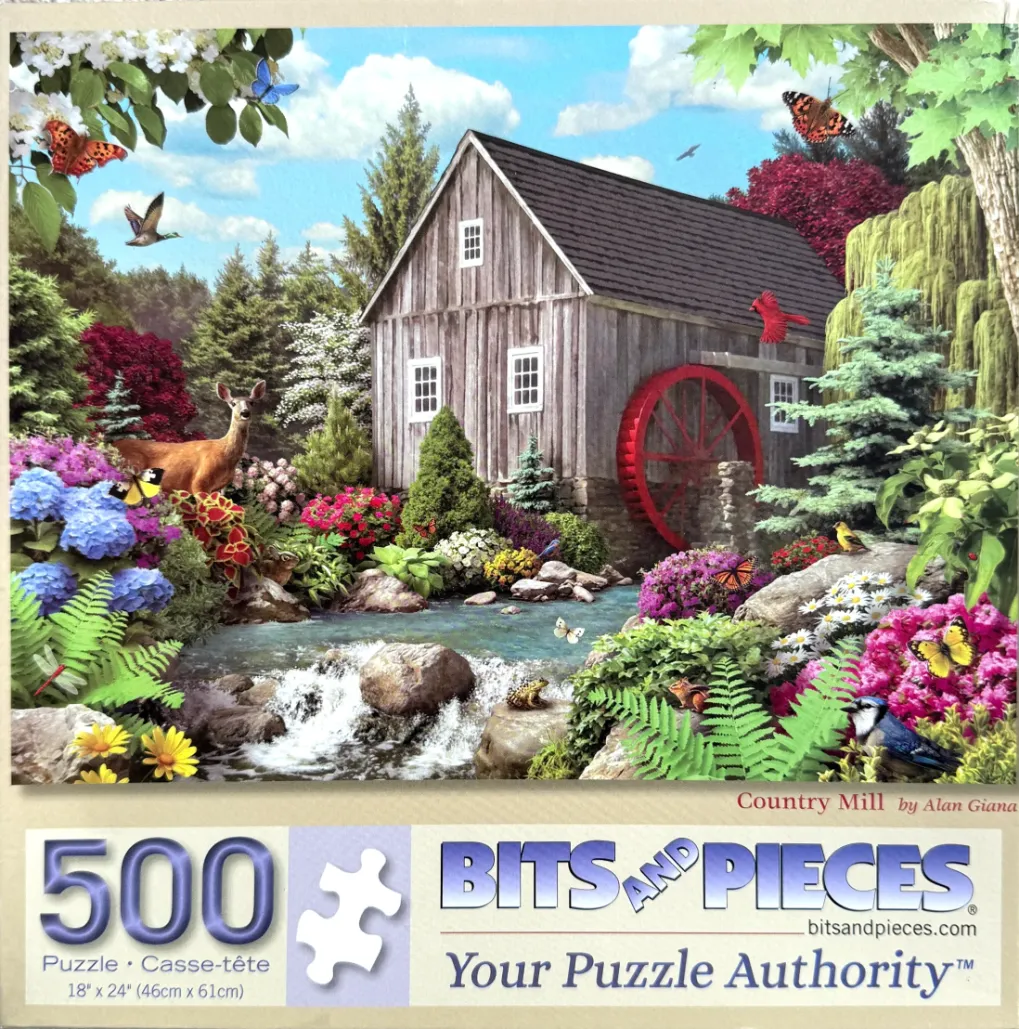 A rustic wooden mill with a red water wheel sits by a stream surrounded by lush flowers, a deer, and butterflies.