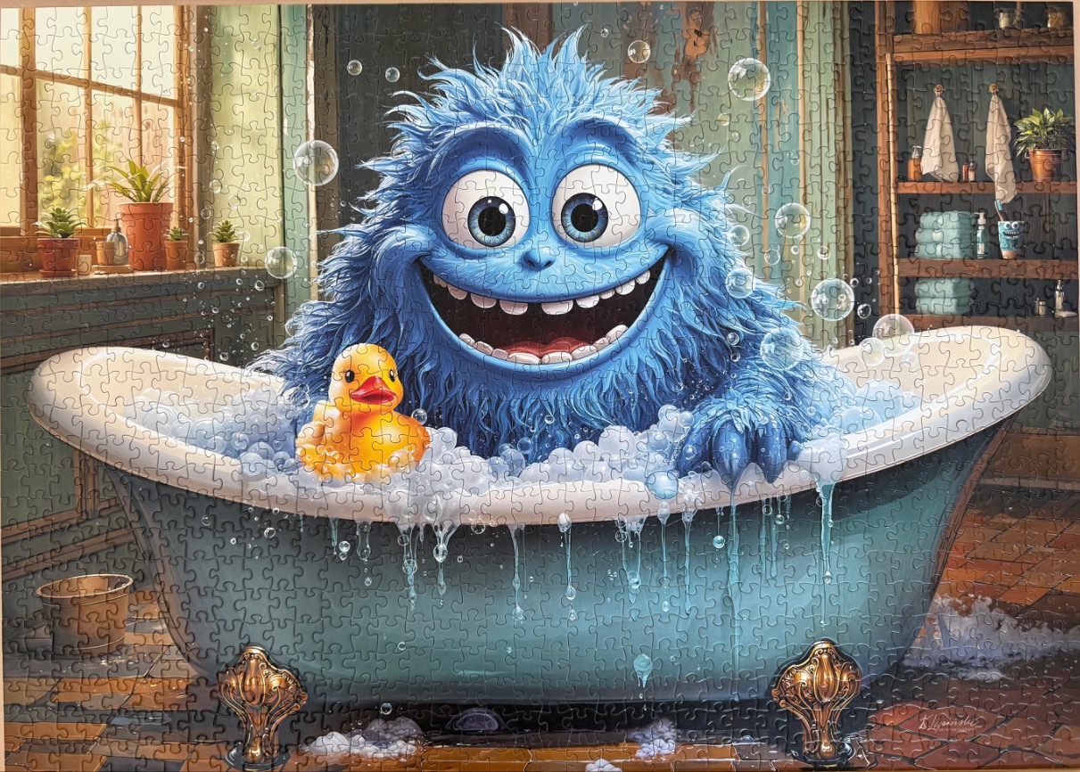 A fluffy blue monster sitting in a clawfoot bathtub surrounded by bubbles and a rubber duck.