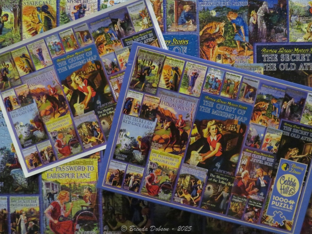 A collage of vintage mystery book cover illustrations featuring a blonde female detective in various scenes.