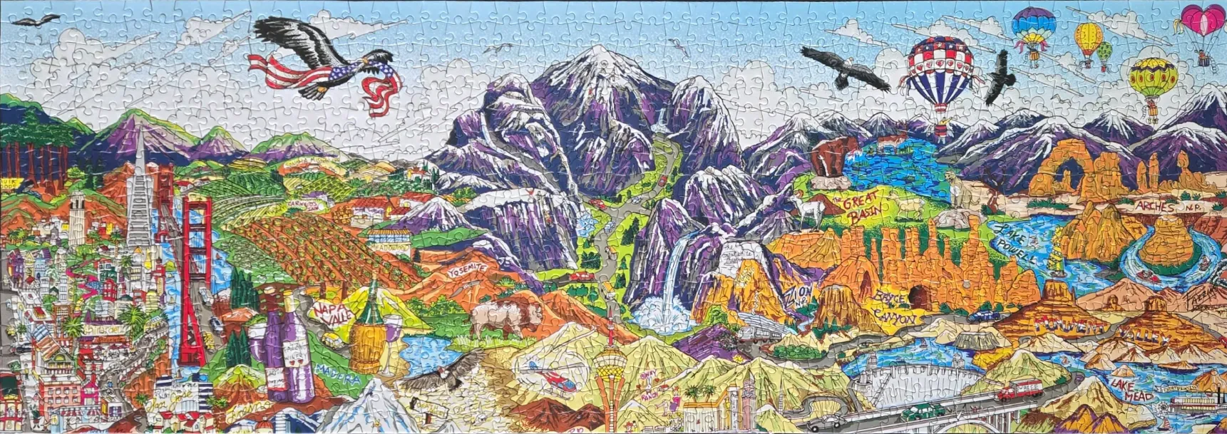 Illustrated map of the American West featuring iconic landmarks, landscapes, and wildlife.