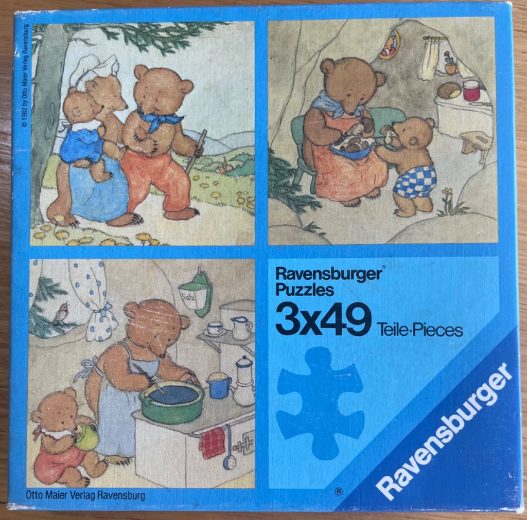Three illustrations of a family of bears in different daily activities.