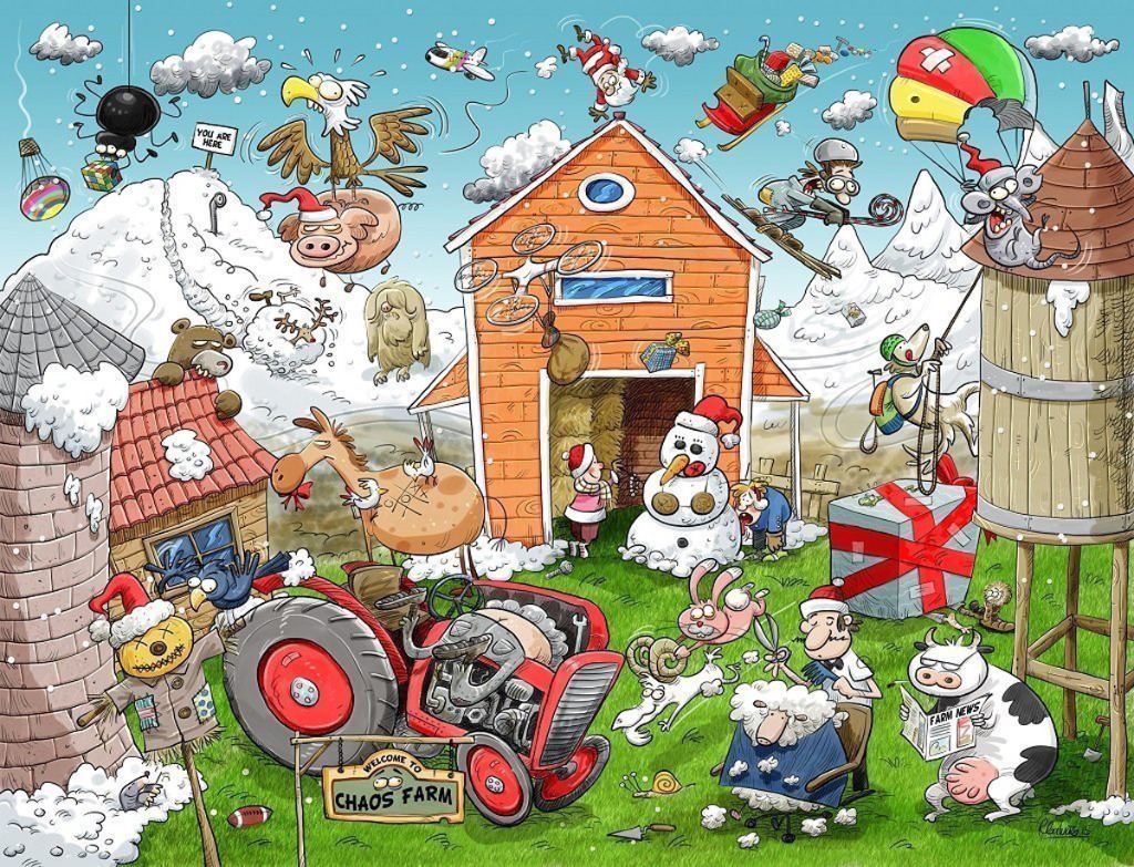 A whimsical, chaotic winter farm scene featuring cartoon animals, a tractor, and various humorous mishaps.