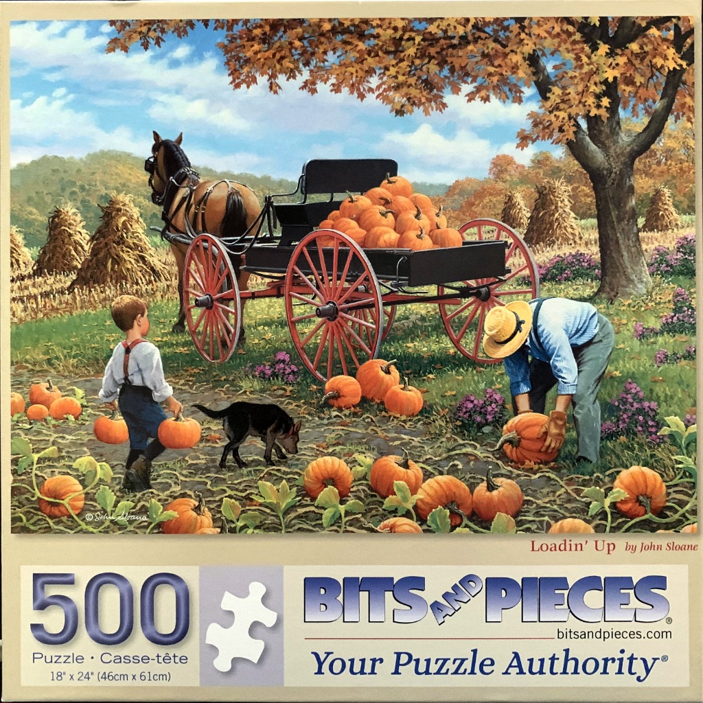 A painted autumn scene of a man and boy harvesting pumpkins near a horse-drawn wagon.