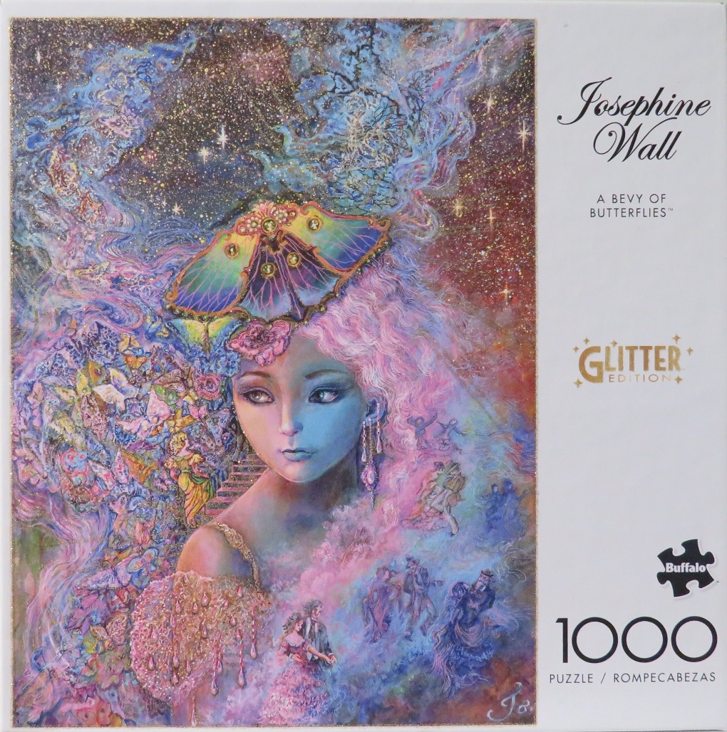 Fantasy artwork of a woman with pink hair adorned with a large butterfly, surrounded by ethereal figures and nebula clouds.