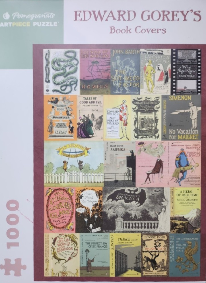A collage of 25 vintage book cover illustrations by Edward Gorey featuring whimsical, gothic, and surreal themes.