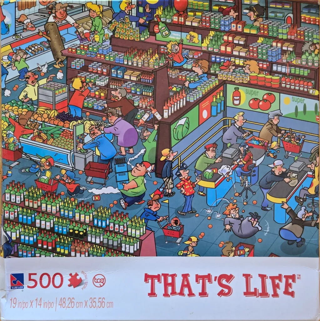 A chaotic cartoon illustration of a bustling supermarket scene filled with numerous shoppers causing various mishaps.