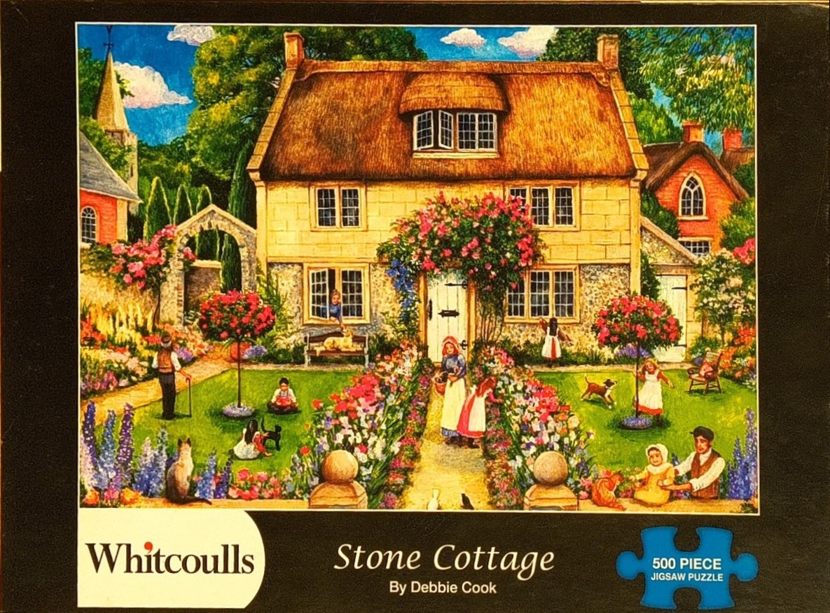 An idyllic illustration of a family in the garden of a stone thatched-roof cottage.