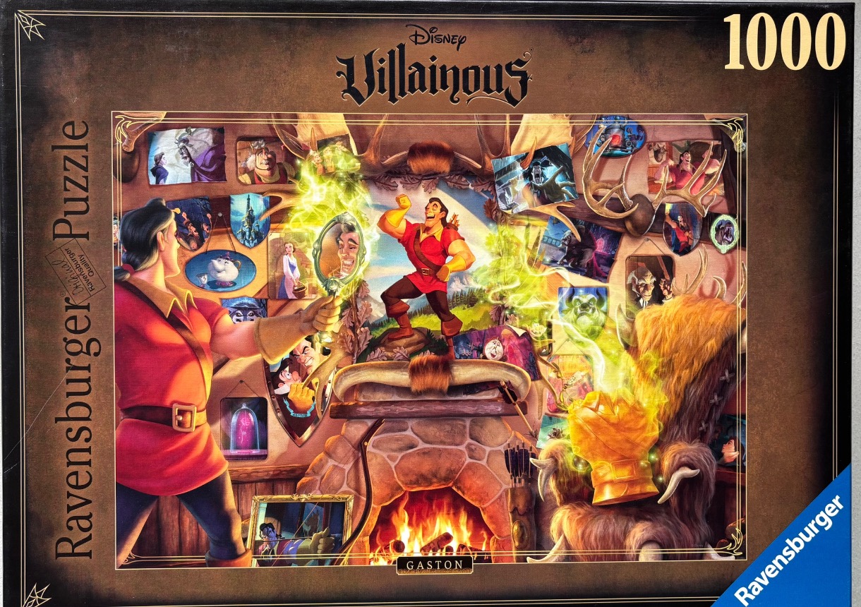 Gaston from Beauty and the Beast in a tavern-style room with magical green energy, antlers, and character photos.