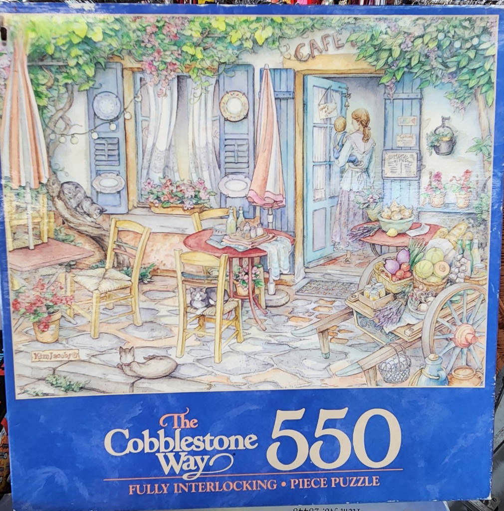 A watercolor illustration of a quaint outdoor cafe scene with a mother holding a child in the doorway and cats on chairs.