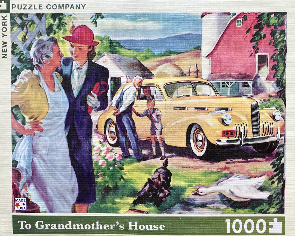 Illustration of a multi-generational family arriving at a farmhouse in a vintage yellow car.
