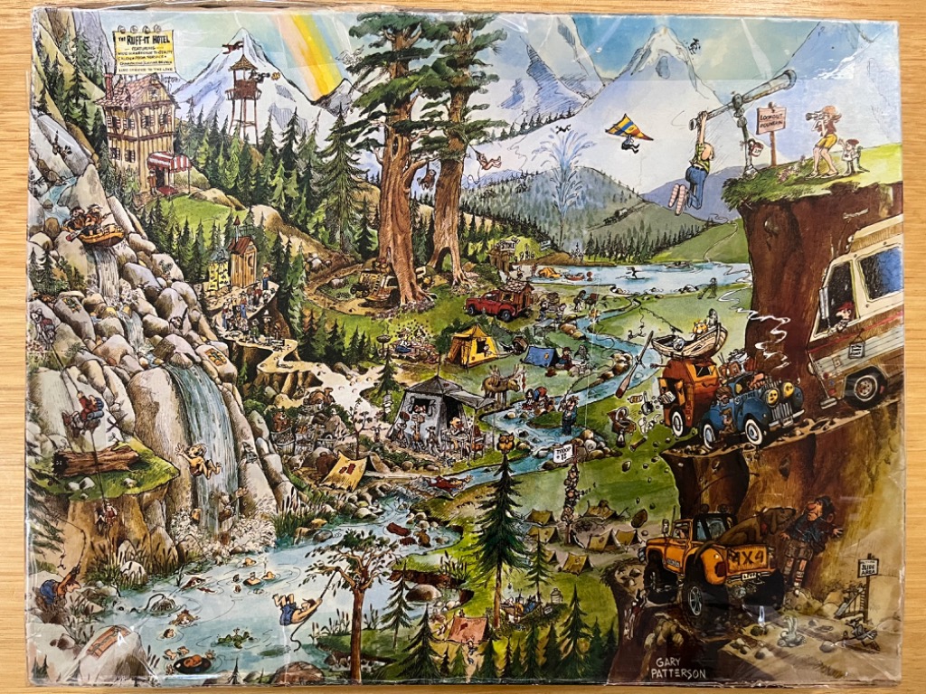 A busy cartoon illustration of a chaotic mountain campground with numerous humorous characters and activities.