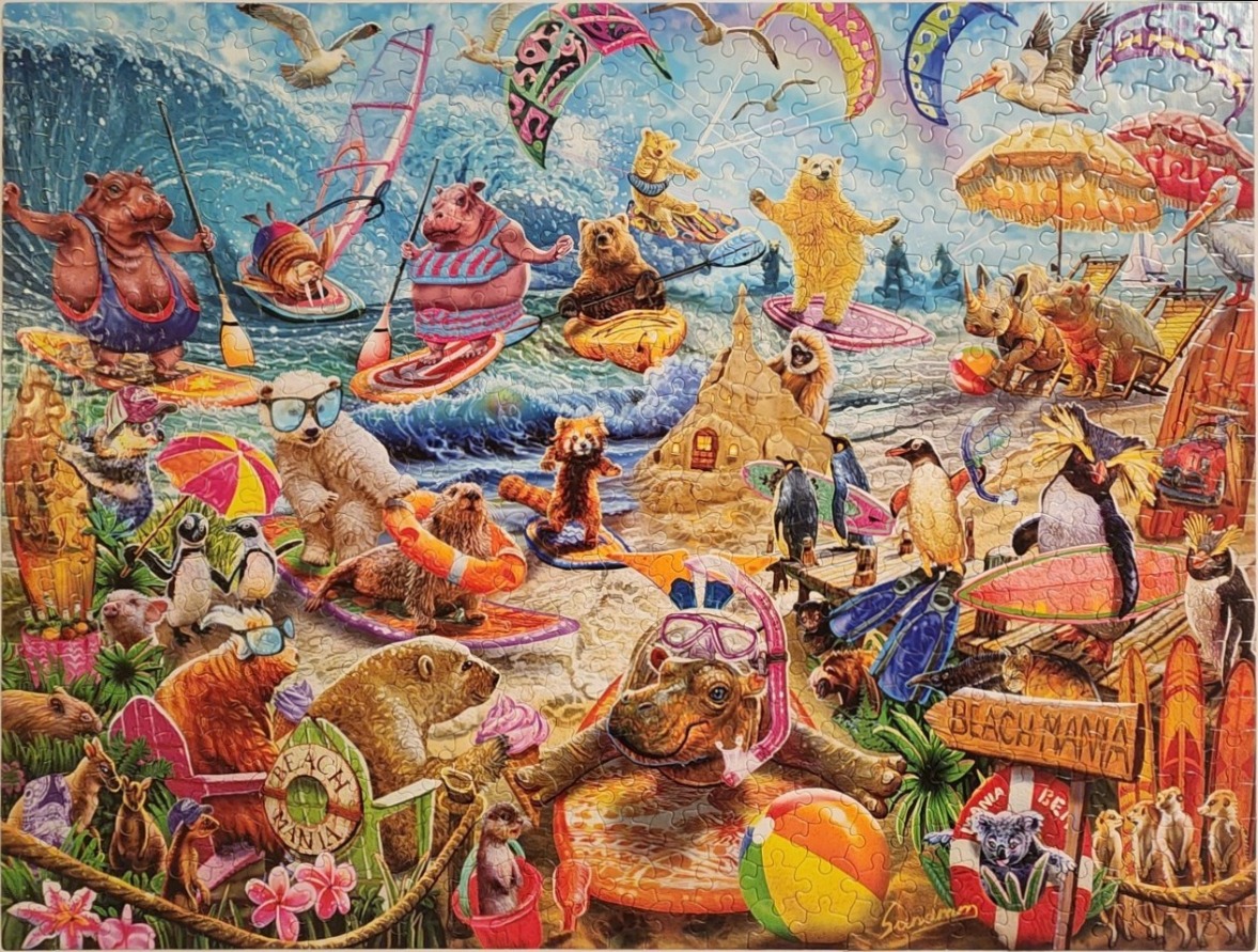 A whimsical illustration of various animals enjoying a busy day at the beach, including hippos, bears, and penguins.