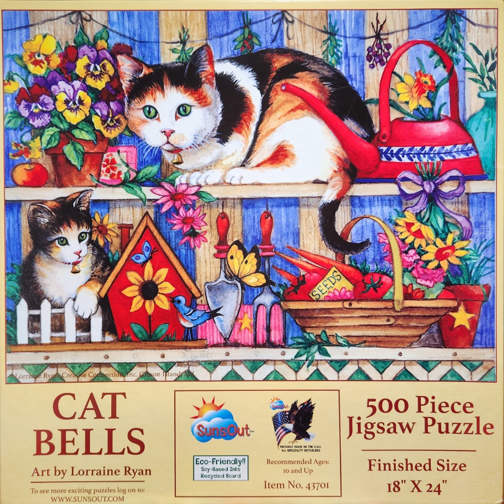 Watercolor-style illustration of two calico cats among garden tools, flowers, and a red birdhouse against a blue striped wall
