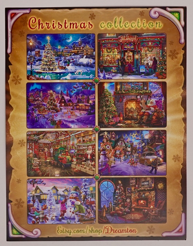 A collection of eight Christmas-themed illustrations arranged in a grid on a warm-toned, decorative background.