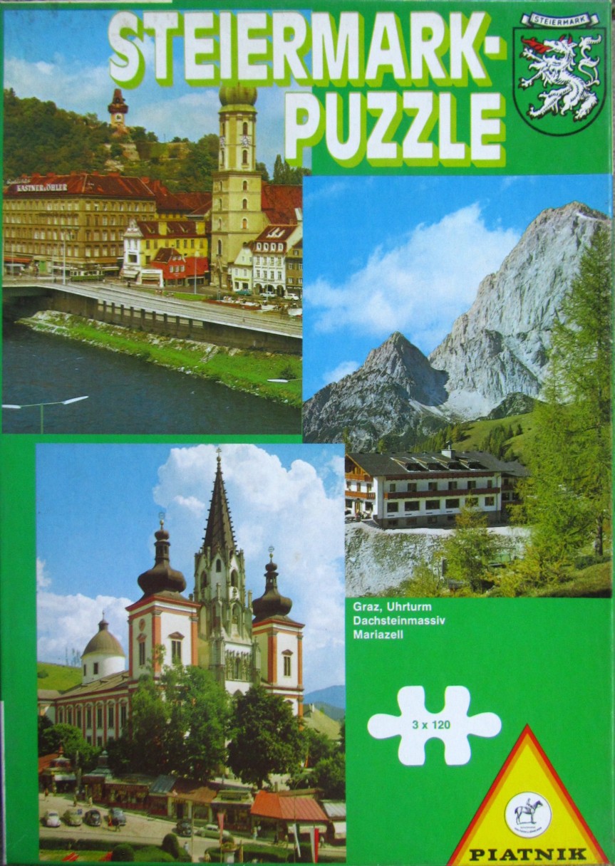 A collage of three Austrian landmarks featuring Graz, the Dachstein mountains, and the Basilica of Mariazell.