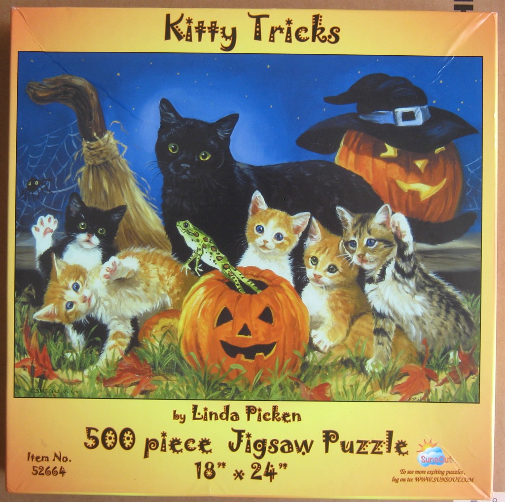 Halloween-themed illustration featuring a group of black and ginger kittens playing with pumpkins and a witch's broom.