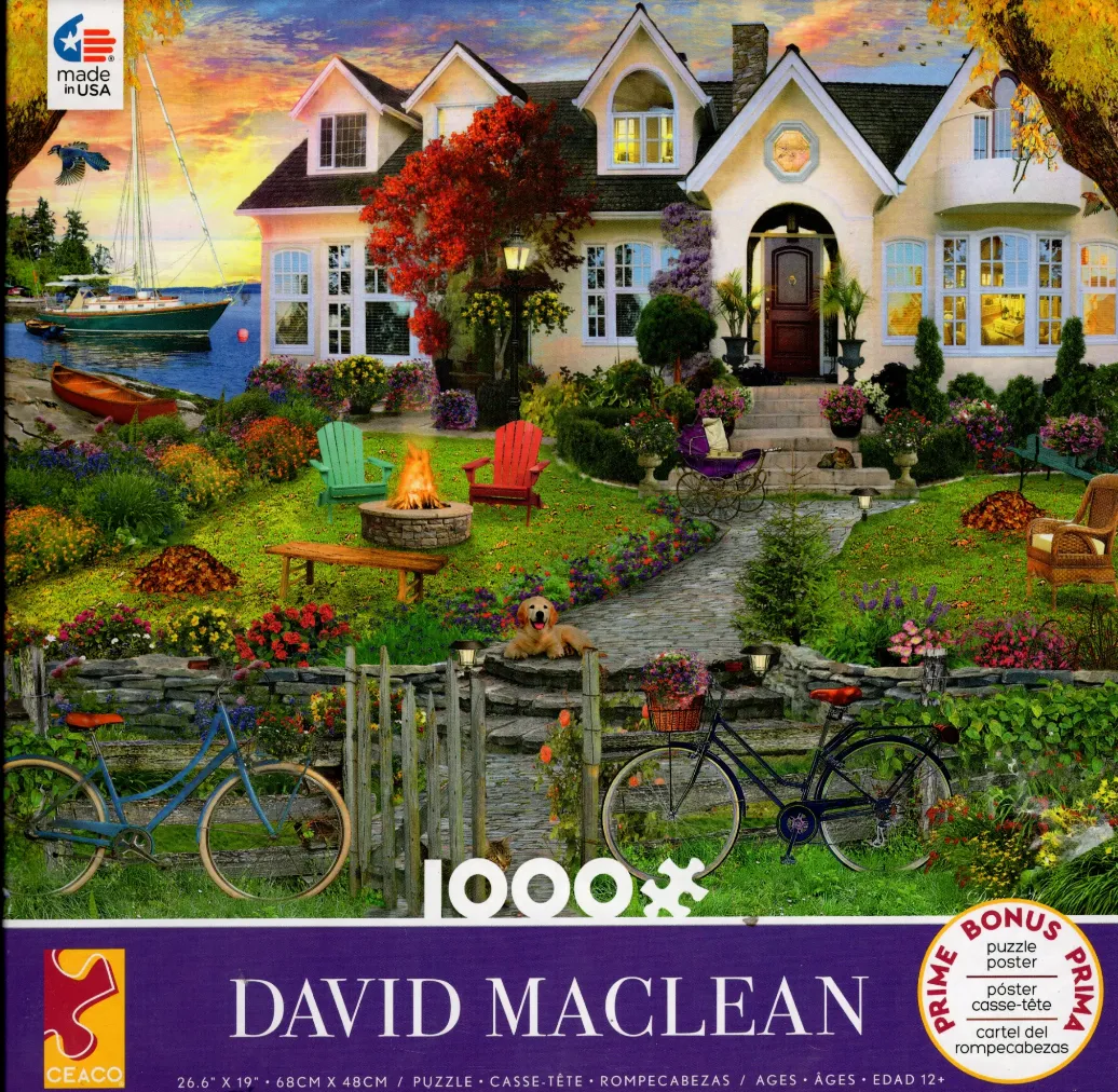 A cozy cottage home scene by a lake featuring a campfire, bicycles, and a golden retriever.