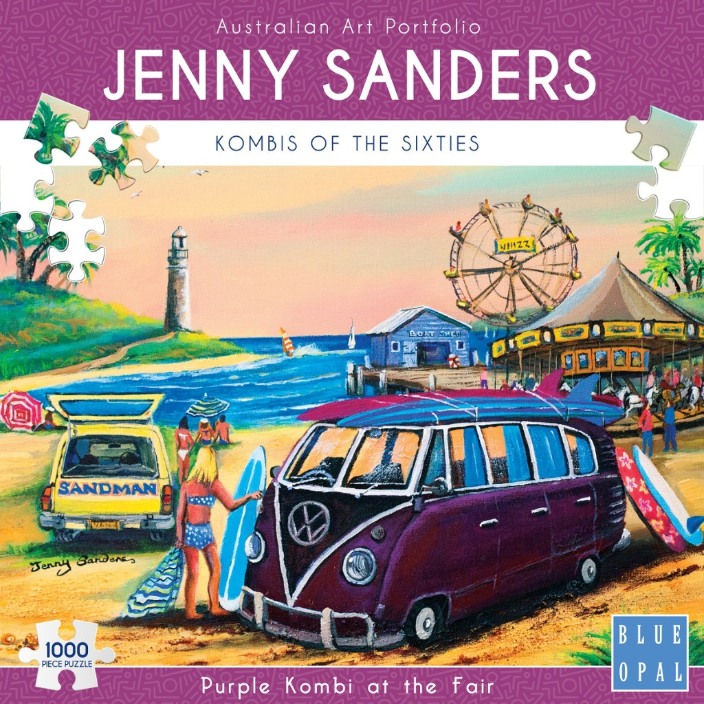 A painting of a purple vintage van and beachgoers near a fairground by the sea at sunset.