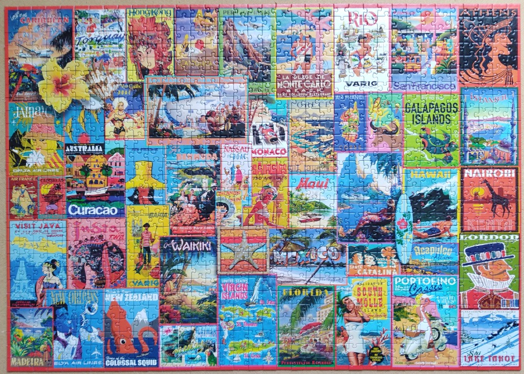 A collage of vintage travel posters advertising various global destinations, cities, and landmarks.