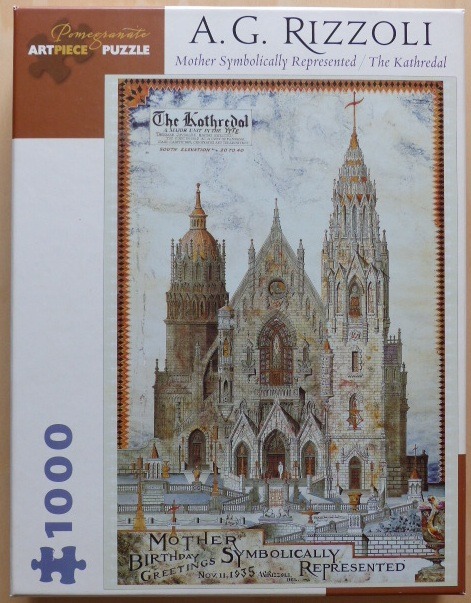 An intricate ink and watercolor drawing of a fantastical, neo-Gothic cathedral entitled The Kathredal.