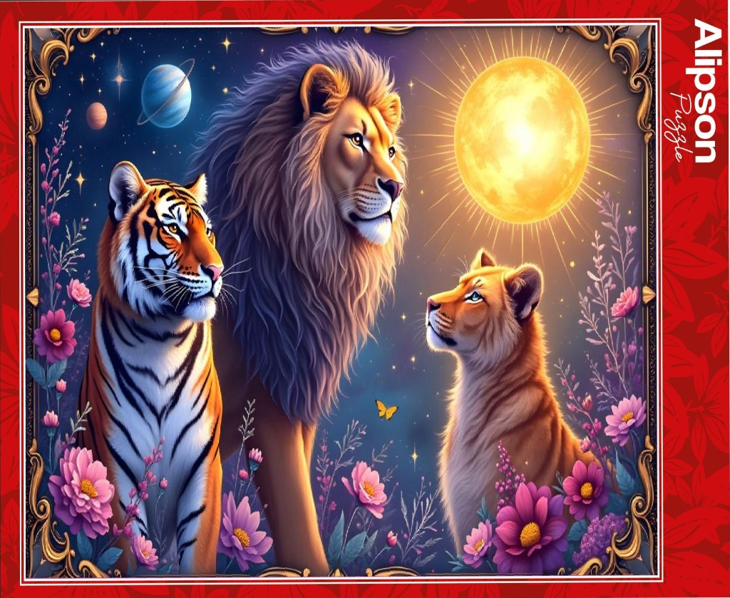 A digital illustration of a lion, tiger, and lion cub beneath a glowing sun and planets in a floral garden.