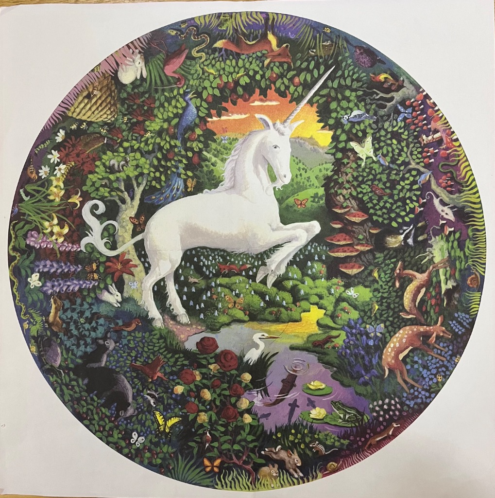 A majestic white unicorn in a lush circular forest scene filled with diverse wildlife.