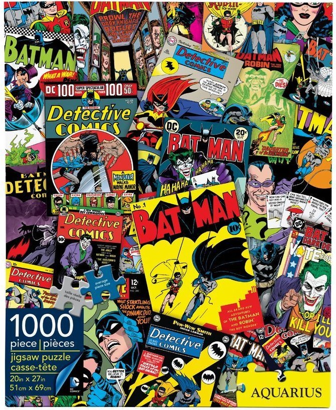 A collage of various classic Batman comic book covers featuring vibrant art and characters.