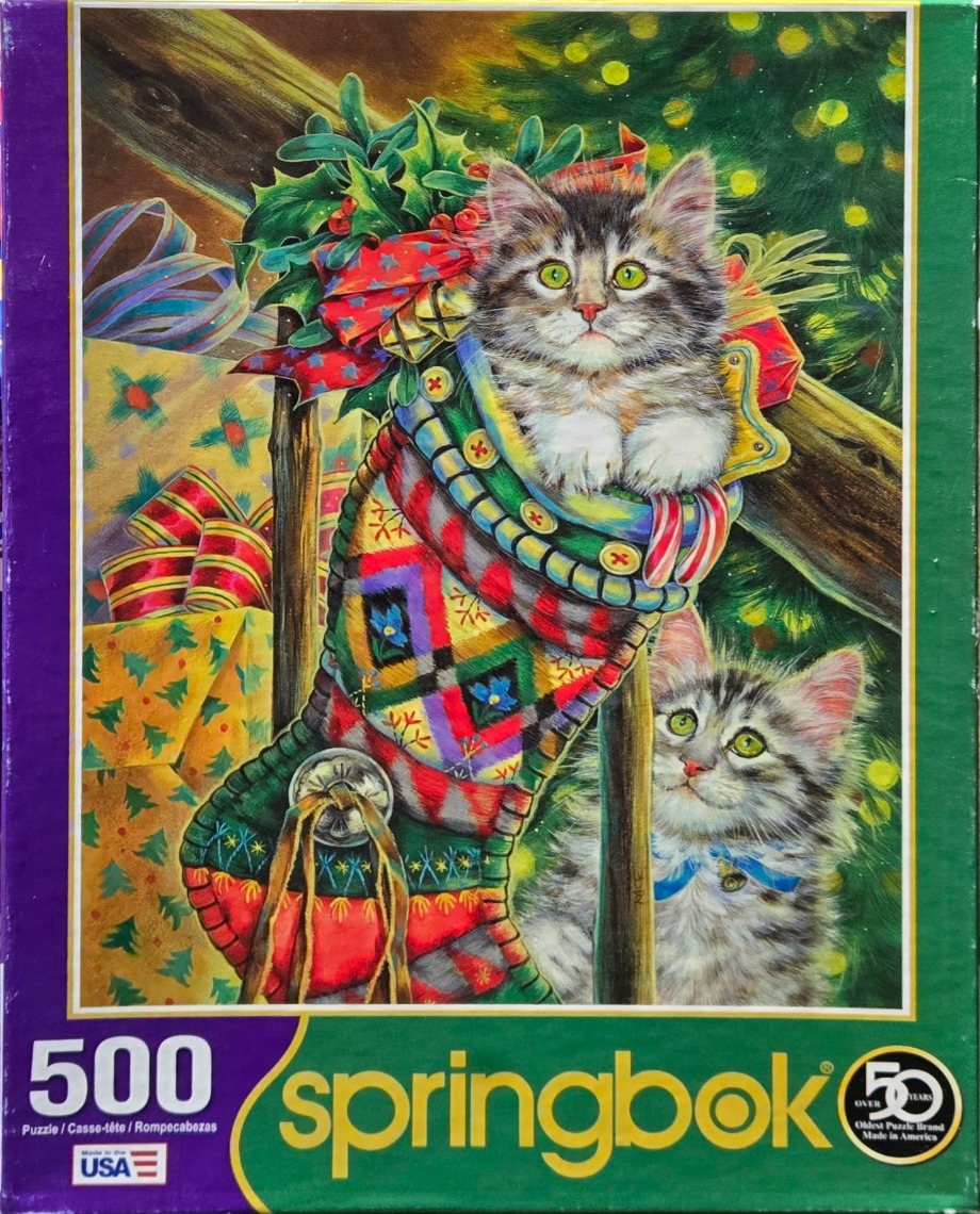 Two fluffy tabby kittens interacting with a colorful Christmas stocking and presents.