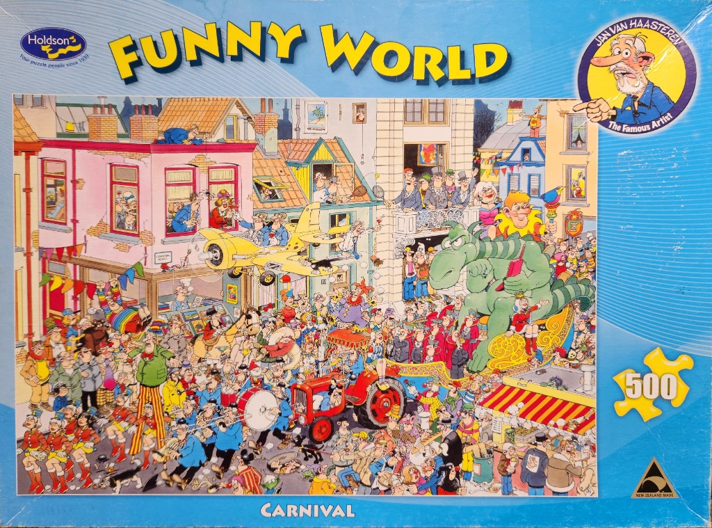 Busy, humorous cartoon illustration of a chaotic carnival parade in a town street.