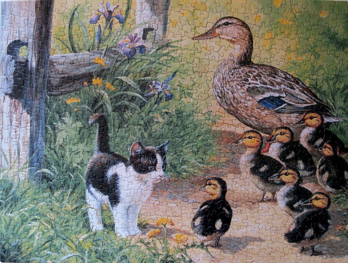 An illustration of a kitten interacting with a mother duck and her ducklings in a garden.