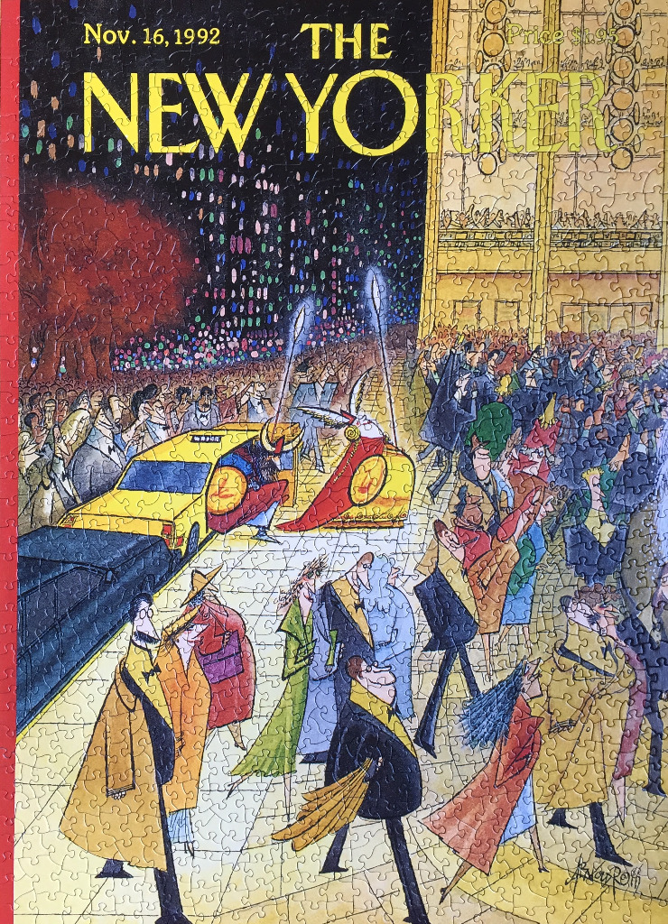 A vintage magazine cover illustration of a crowded city street at night featuring a taxi and elegantly dressed people.