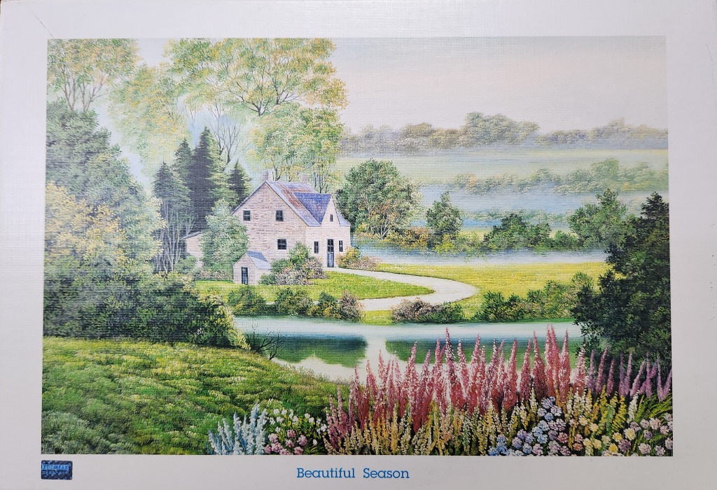 A serene landscape painting featuring a stone cottage, a calm pond, and a vibrant garden under a misty morning sky.